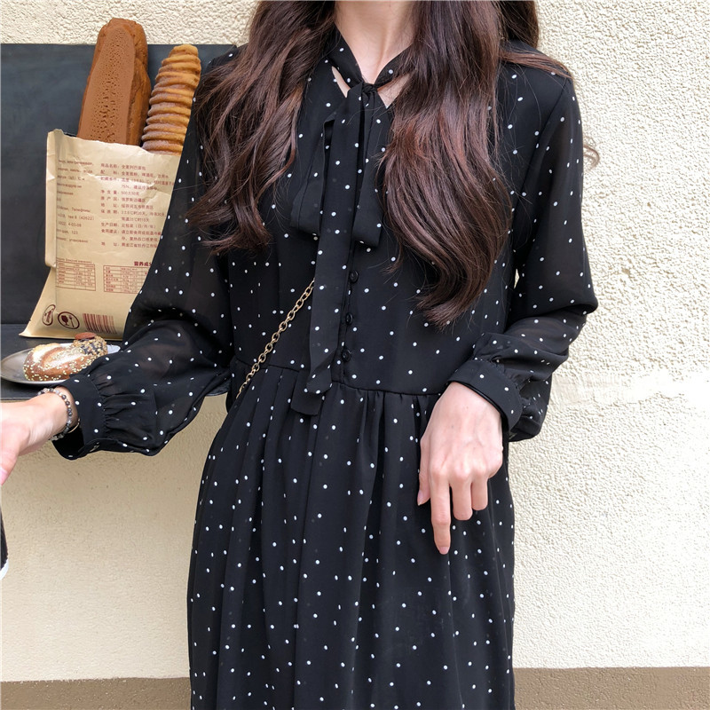 Women Chiffon Dress Spring Summer New Fashion Female Long Sleeve Vintage Printed Dot Lace Up Loose Casual A-line Dresses 210409