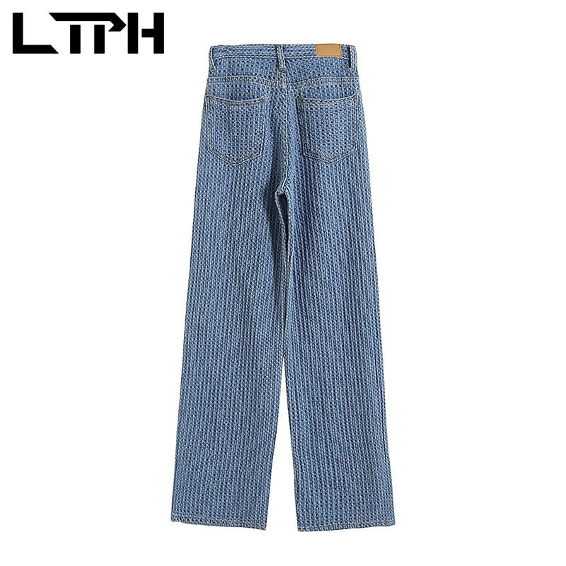 ins fashion streetwear jeans woman high waist airy woven denim trousers chic Slim plaid Wide Leg Pants Spring 210427