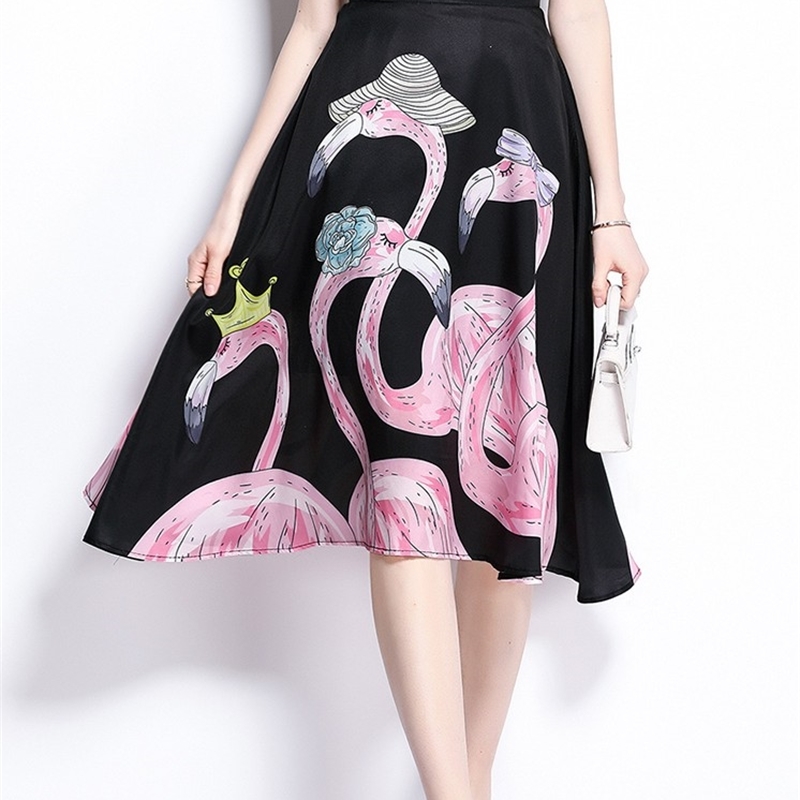 Summer 2 Piece Set Runway Fashaion Casual Women Black Short Sleeve T-Shirt Tops + High Waist Print Big Swing Midi Skirts Outfit 210519