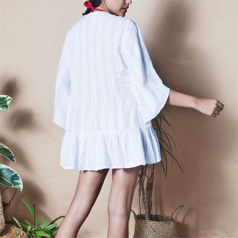 Beach Caftan Dress Cover-ups White Cotton Tunic For Women Pareo Swimsuit Cover up Sexy wear #Q766 210420