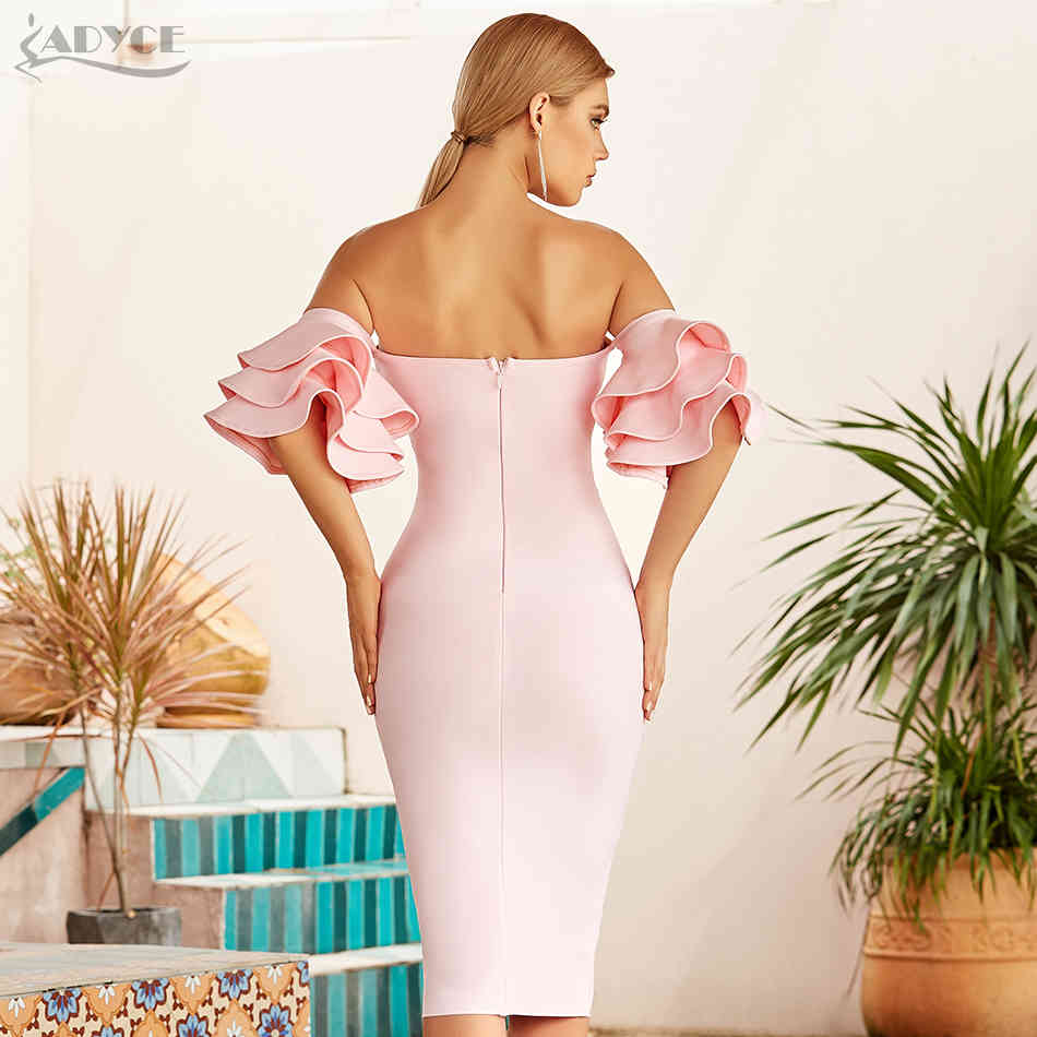 Summer Women Pink Off Shoulder Bodycon Bandage Dress Sexy Butterfly Short Sleeve Celebrity Runway Party Dresses 210423