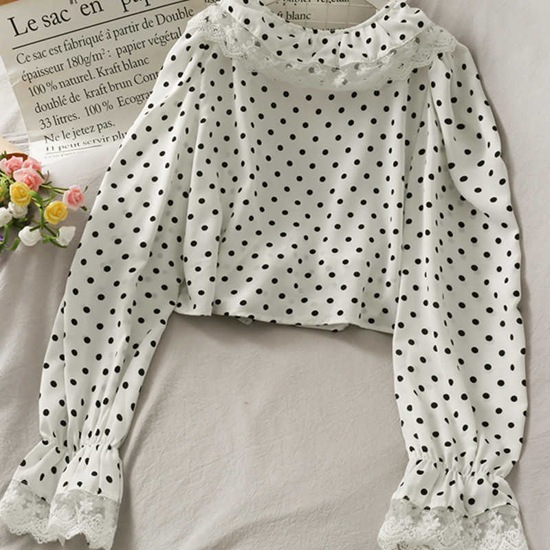 Blouses Women Lace Patchwork Ruffle V-neck Tops Causal Flare Sleeve Shirt Bow Bandage Dot Blusas Femme 6F953 210603