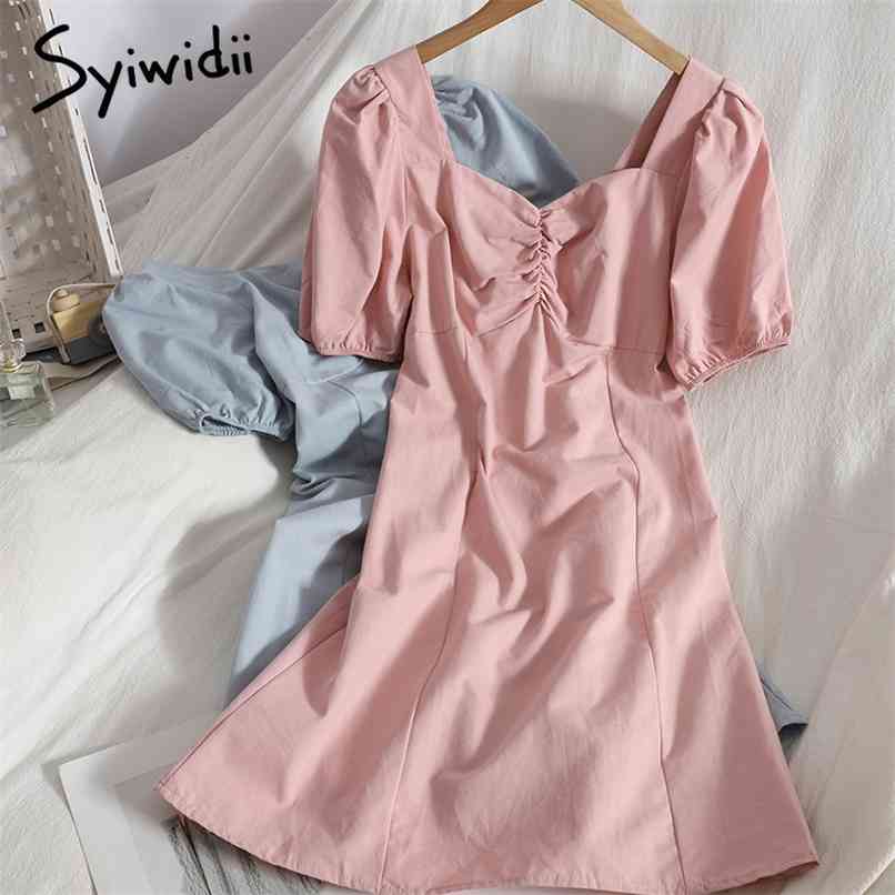 Dress for Women Summer Back Elastic Folds Square Collar Puff Sleeve Office Lady Dresses Blue Black White Pink 210607
Dress for Women Summer Back Elastic Folds Square Collar Puff Sleeve Office Lady Dresses Blue Black White Pink 210607