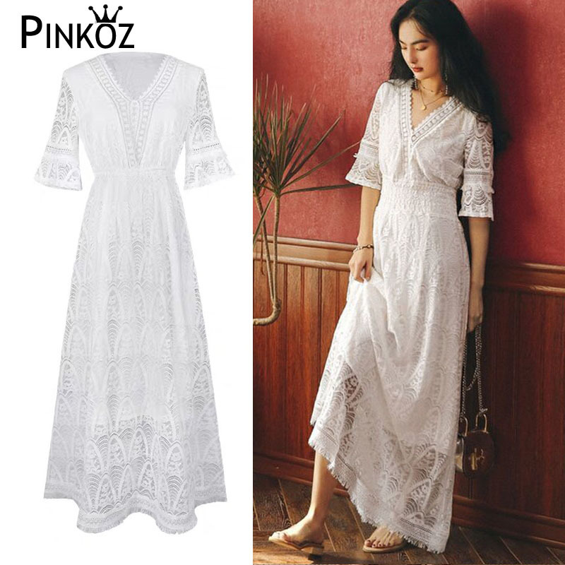 summer vocation white lace v-neck tassel midi dress short sleeve hollow out robe dresses party causal 210421