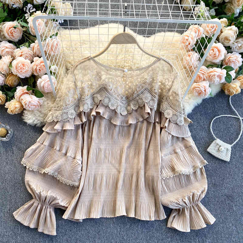 Women Sweet Ruffle Chiffon Blouse Spring Summer Long Sleeve Sexy Mesh Shirts Ladies Lace Blusas Korean Tops Clothes Mujer 210519