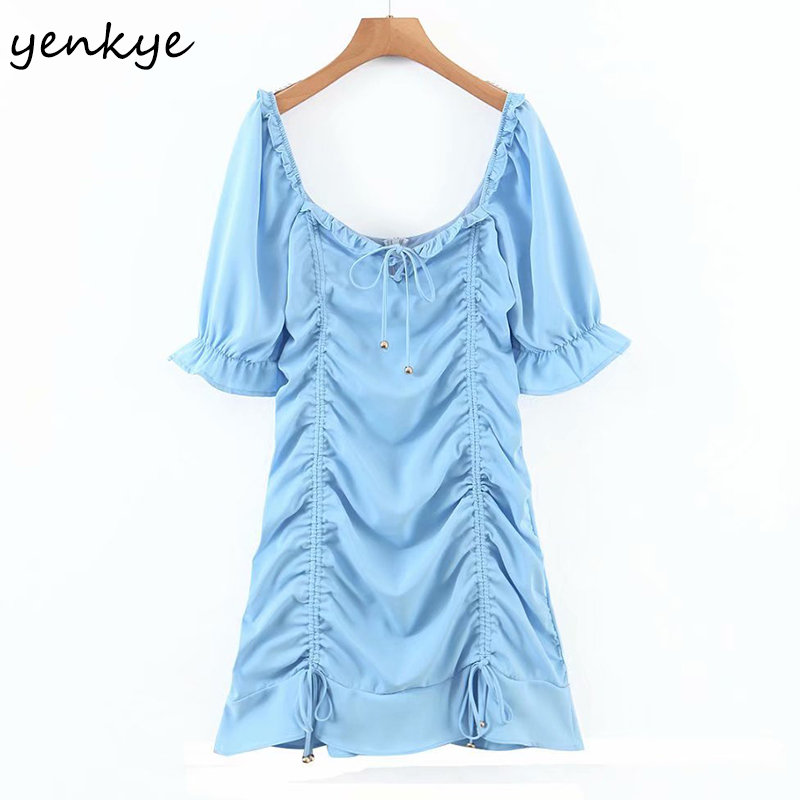 YENKYE Vintage Solid Color Drawstring Draped Dress Women Sexy Square Neck Short Sleeve Bodycon Mini Dress Summer Vestido 210515