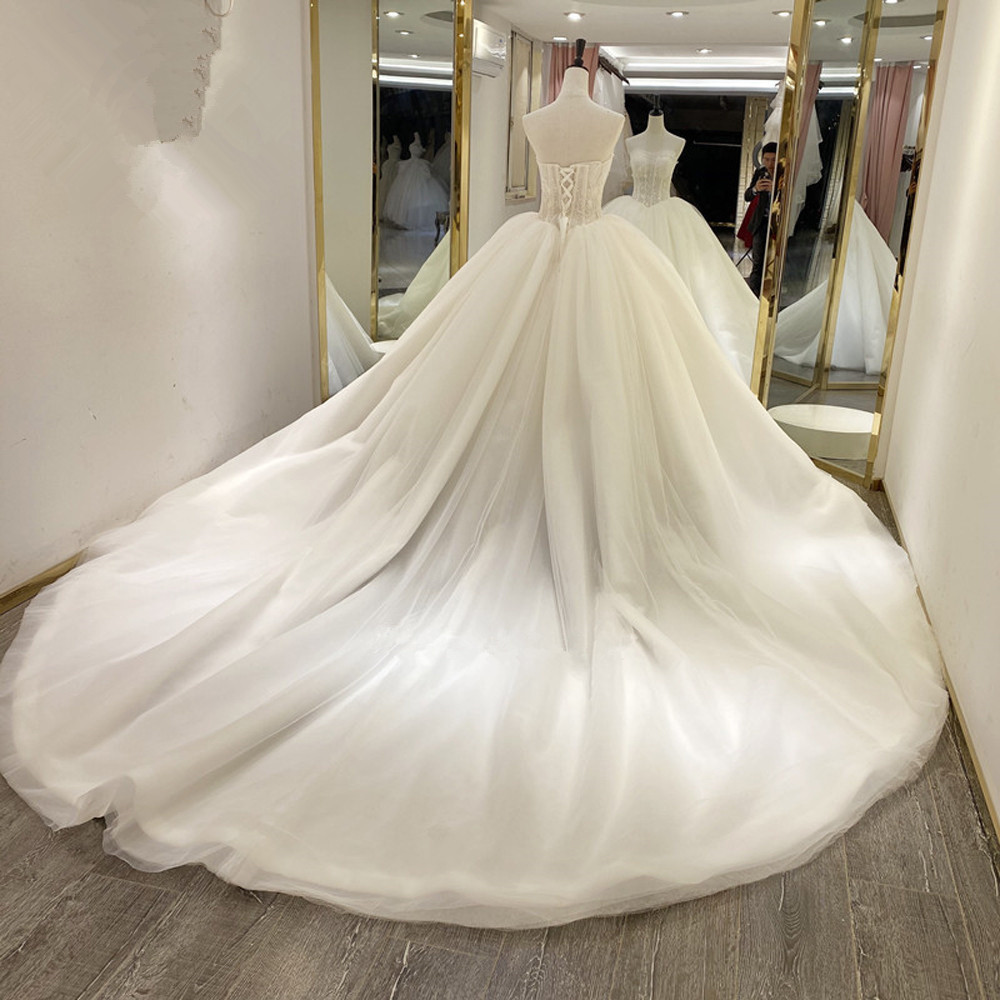 Strapless Ball Gown Puffy Wedding Sweep Train Princess Tulle Sleeveless Custom Made Bridal Dresses Vestido De Novia