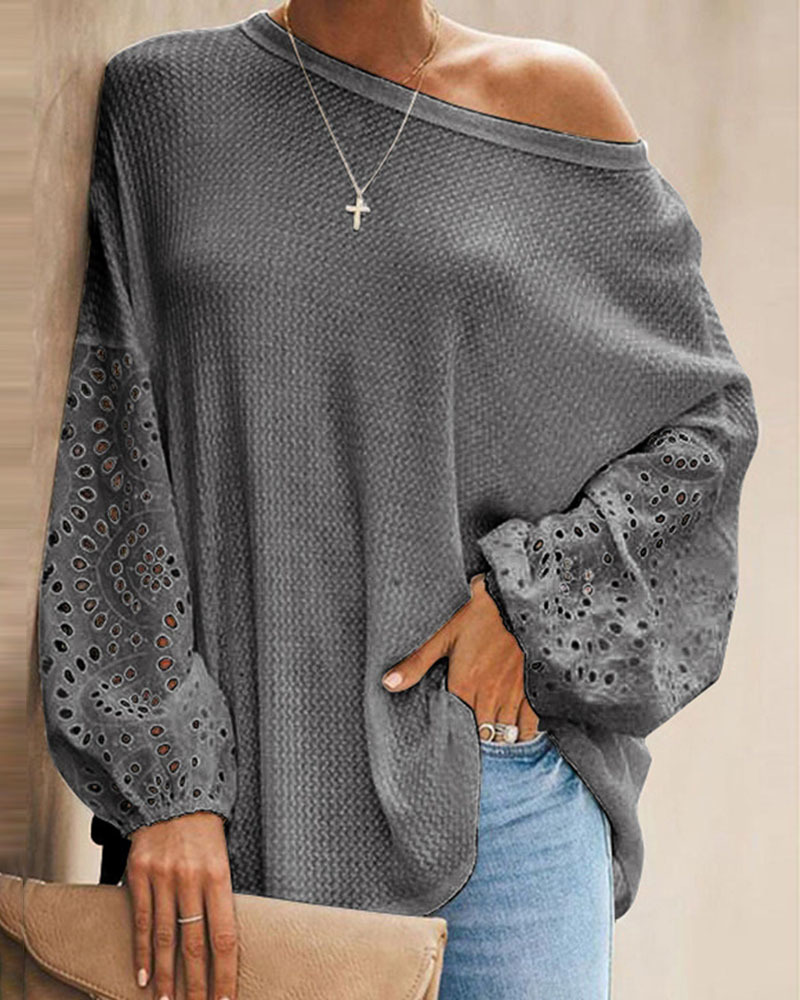 Spring Autumn Women's Lantern Sleeve Top New Femme Elegant One Shoulder Eyelet Embroidery Blouse Office Lady Casual Clothes 210415