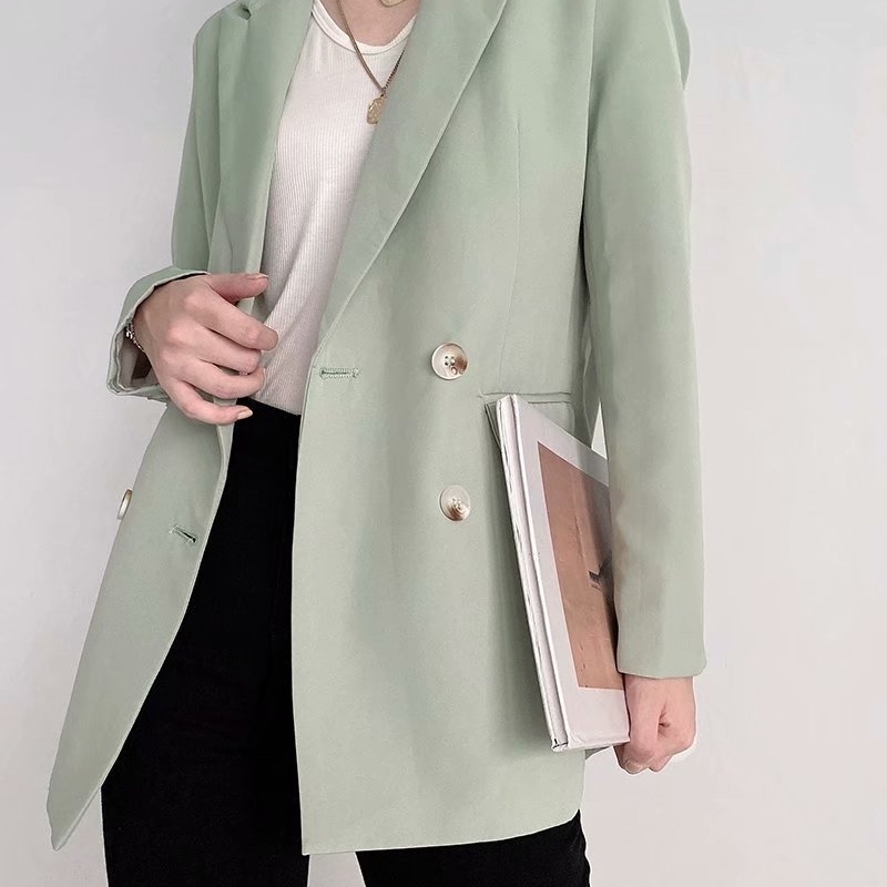 elegant women chic v-neck blazer office ladies pocket jackets casual female full sleeve suits green girls sets 210430
