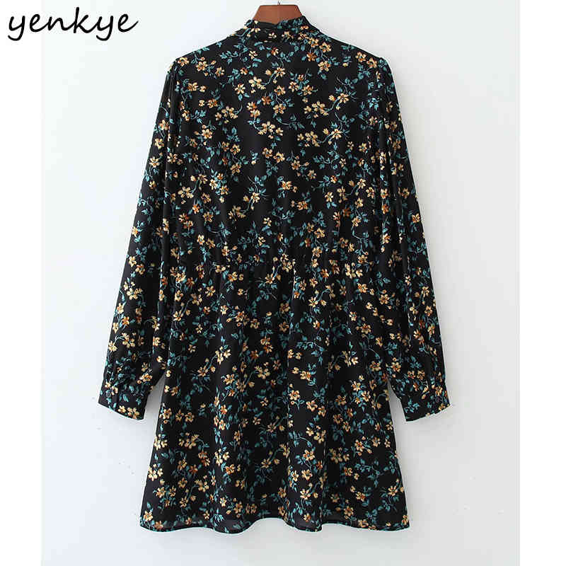 YENKYE Summer Dress Women Vintage Floral Print Vestido Mujer Bow Tie Collar Long Sleeve A-line Casual Dress Short Robe 210515