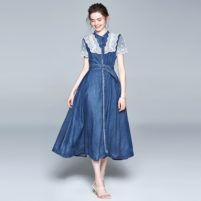 Women Long Denim Summer Dress Fashion Lace up Blue es Short Sleeve Patchwork Big Swing Female Vestidos 210520