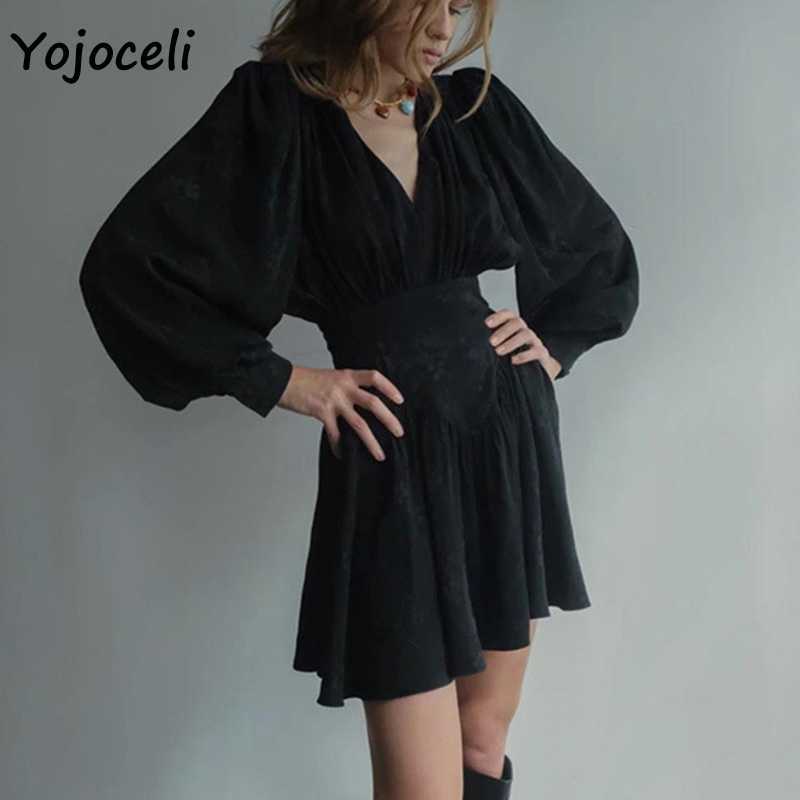 Yojoceli black jacquard v neck dres lantern sleeve skater mini 210609