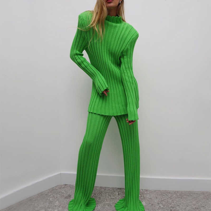 SpotLtWM Cotton Casual Women Knitted Two Piece Sets Ladies Slim Outfits Solid Striped Turtleneck Sweater And Elastic Pant Suits 211007