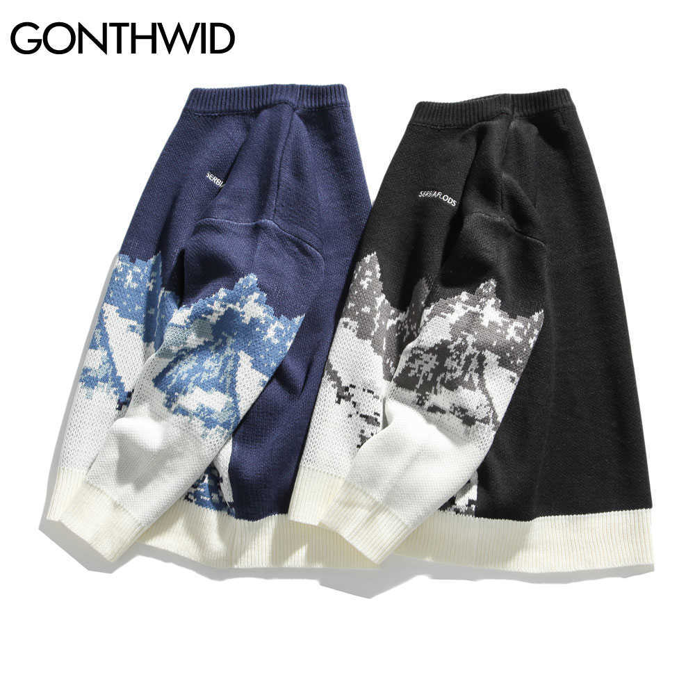 GONTHWID Snow Mountain Knitted Jumper Sweaters Streetwear Mens Hip Hop Harajuku Pullover Knitwear Tops Fashion Knit Outwear Male 210820