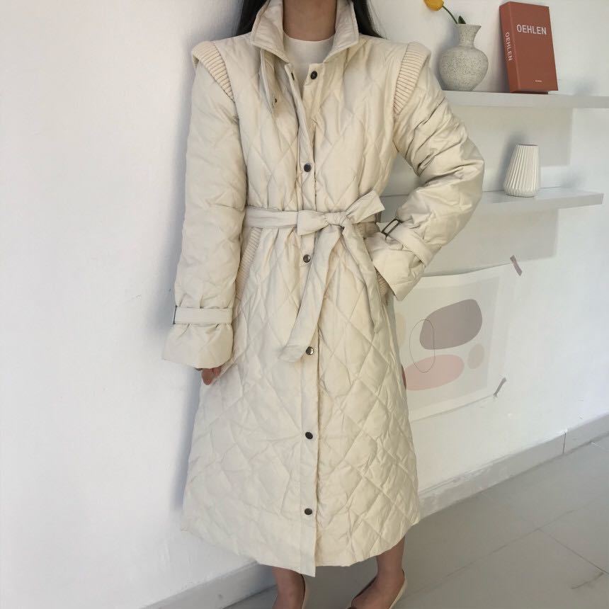 OL Autumn Winter Coat Women Parkas Vintage Work Wear Outwear Elegant Warm Lace-up Loose Female Long Overcoat 210421