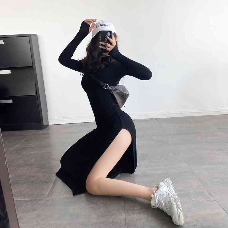 WOMENGAGA Elasticity Skinny Slim Sexy Split Dress Full Sleeve Hip-wrapped Mid-Calf Solid Color Sheath Long Dressees V7OR 210603