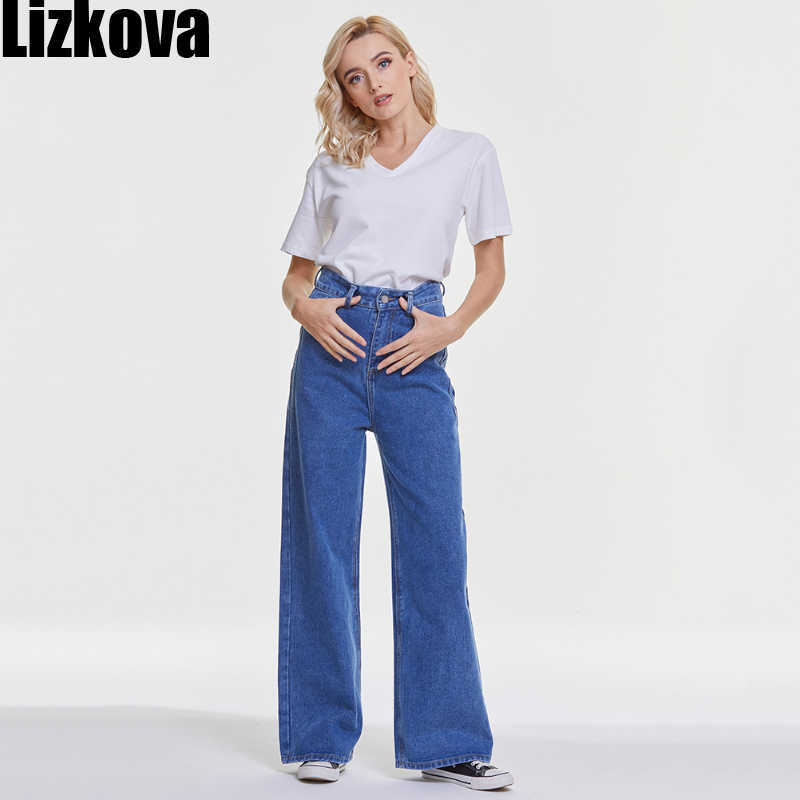 Lizkova Spring Blue Jeans Women High Waist Overlength Denim Mujer Pantalones Fashion Wide Leg Korean Style Trousers 210922