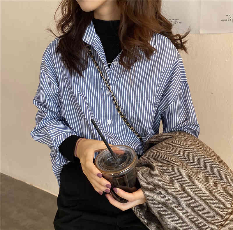 Women Striped Shirt Long Sleeve Spring Summer Vintage Casual Loose Shirts Female Streetwear Blouse Tops Oversize 210514