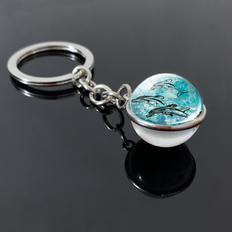 New Turtle Dolphin Shell Glass Ball Keychain Glass Ball Convex Jewelry Marine Souvenir Pendant Gift Keyfob Key Ring