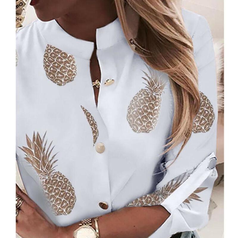 Women's Blouses & Shirts Fashion Women Long Sleeve Gold Pineapple Print Blouse V Neck Shirt Office Ladies Party Elegant Streetwear Femininas