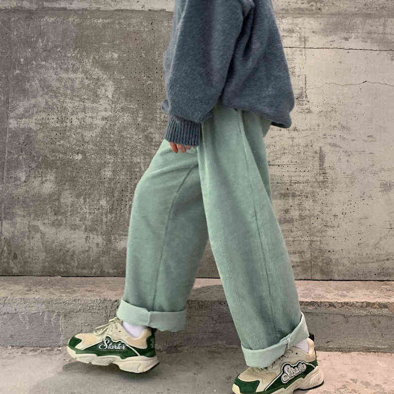HOUZHOU Vintage Oversized Corduroy Baggy Pants Women Harajuku Green Beige Wide Leg High Waist Casual Trousers Korean Fashion 211115