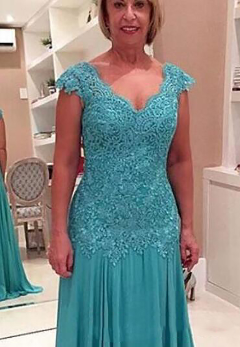 Turquoise Lace Mother Of The Bride Dresses Chiffon Mermaid Moms V Neck Cap Sleeve Applique Formal Evening Gowns Hot Selling
