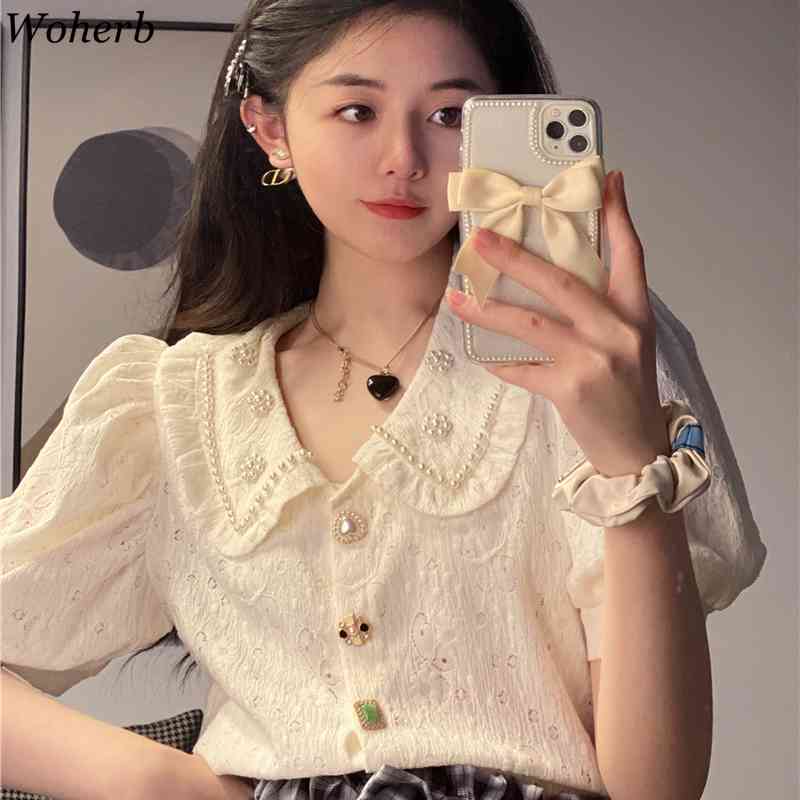 Korean Vintage Women Blouses Shirt Summer Puff Sleeve Single Breasted Tops Elegant Ladies Fashion Blusas Mujer 210519