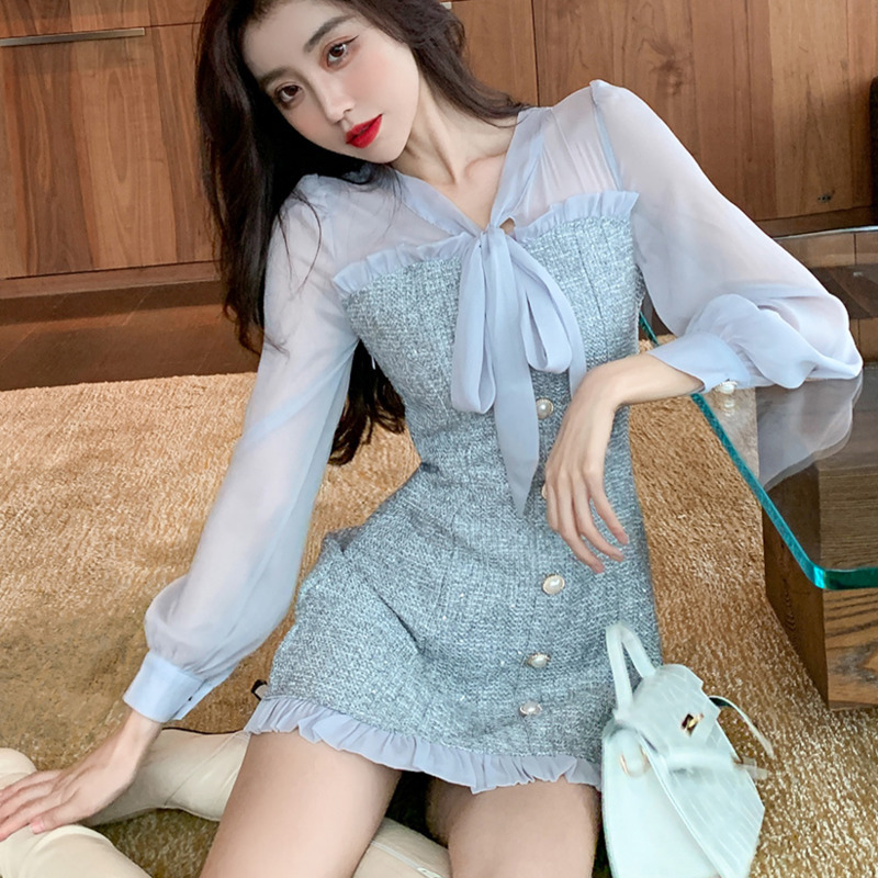 New Spring Vintage Sexy See-through Chiffon Patchwork Tweed Mini Dress Women Ribbon Bow Single-breasted Long Sleeve Party Dress 210409