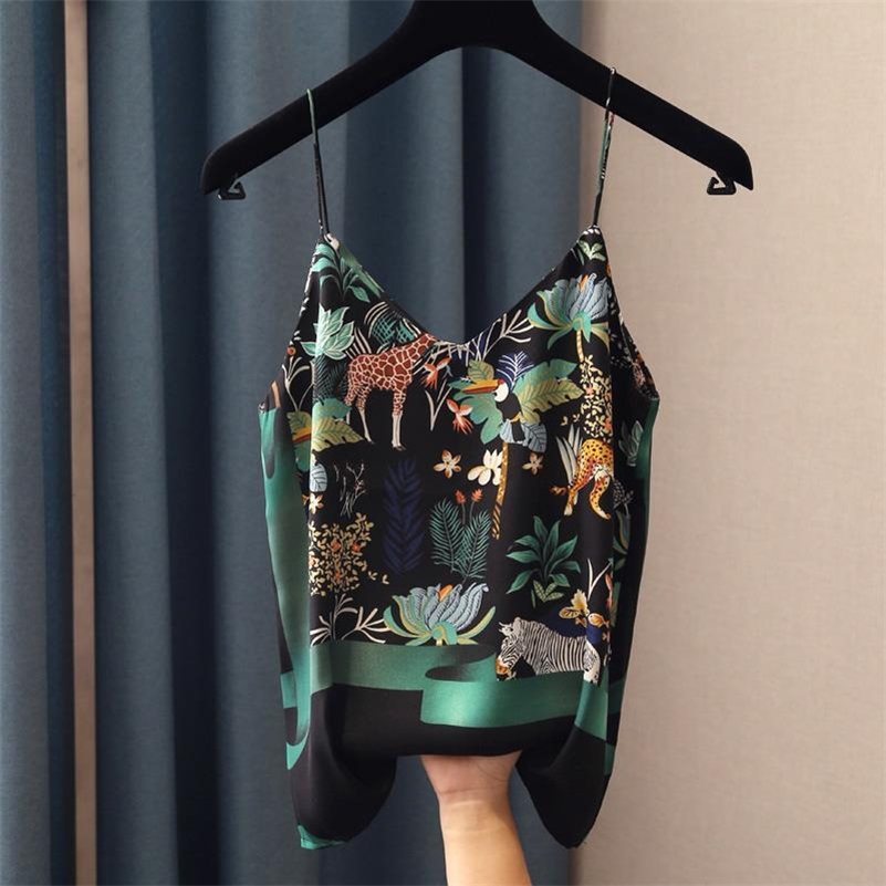 National Style Spring Summer Women Sexy Spaghetti Strap Tank Top Vintage Print Camis Femme chiffon V Neck Tops S808 210625