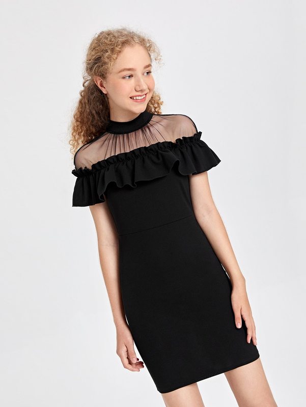 Teen Girls Frill Contrast Mesh Ruffle Fitted Dress SHE