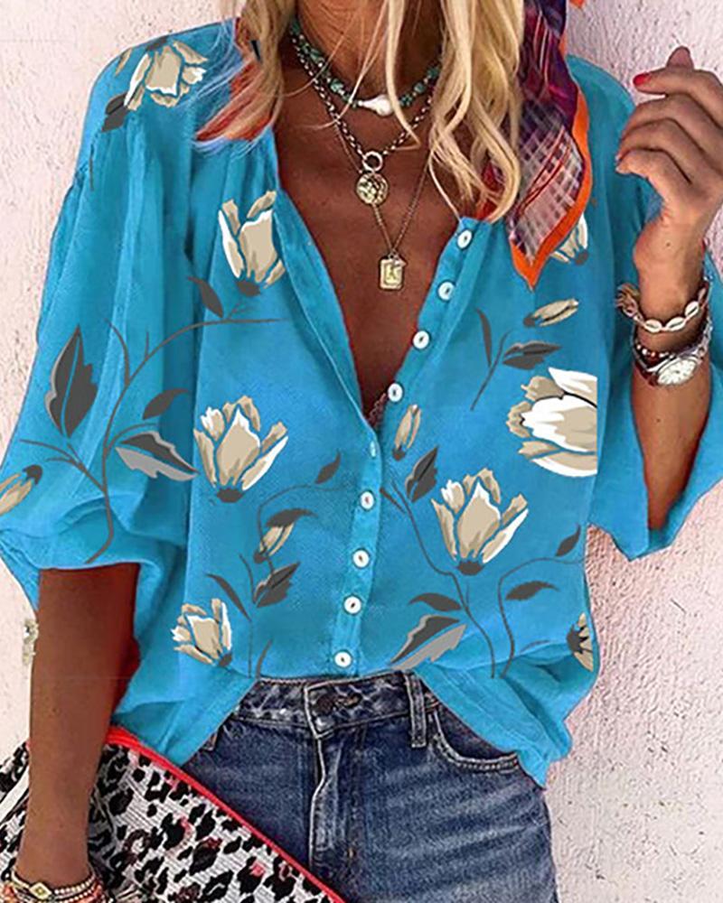Summer Women Plus Size Vintage Floral Print T-Shirt Femme Lantern Sleeve Button Front Tunic Ladies Casual Blouse New Clothe 210415