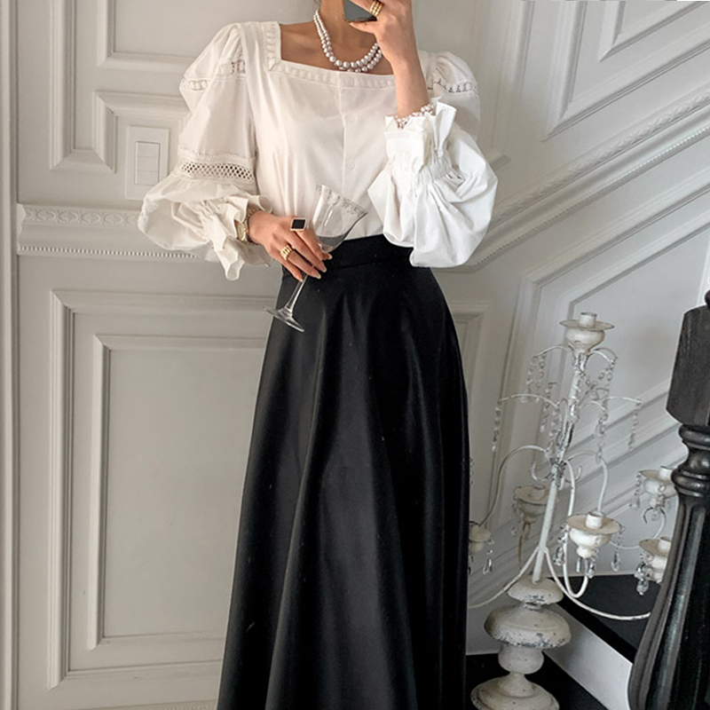 Nomikuma Elegant Square Collar Women Shirt Korean Hollow-out Puff Sleeve Blouse Tops Spring New Causal Blusas Mujer 6D990 210427
