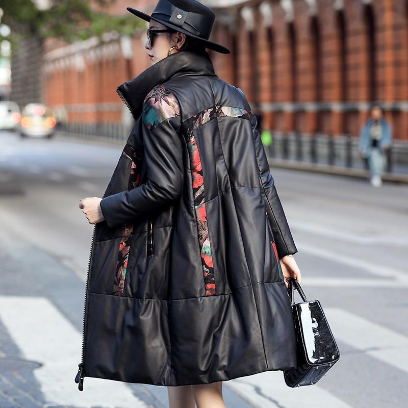 Warm Women Winter Mid Long Down Jacket Vintage Printed Stand Collar Windbreaker Overcoat Sheepskin Coat Genuine Leather Jackets Women's & Fa