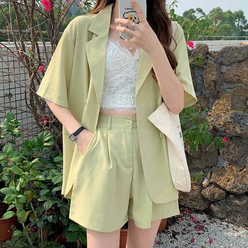 Summer Fashion Short Sleeve Blazer 2 Piece Set Korean Loose Casual Jacket Thin Elastic High Waist Shorts Suits Women Outfits 210515