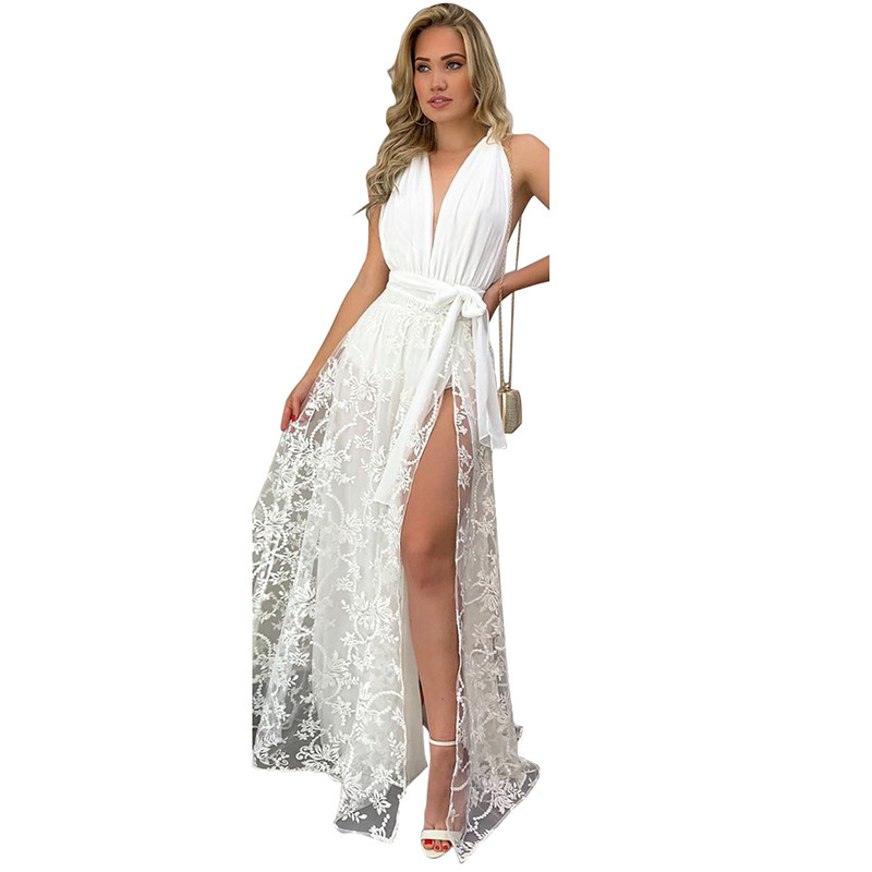 Women Dress Temperament White Lace es Deep V Neck Backless Split Sexy Long Summer Maxi es Fashion 210513