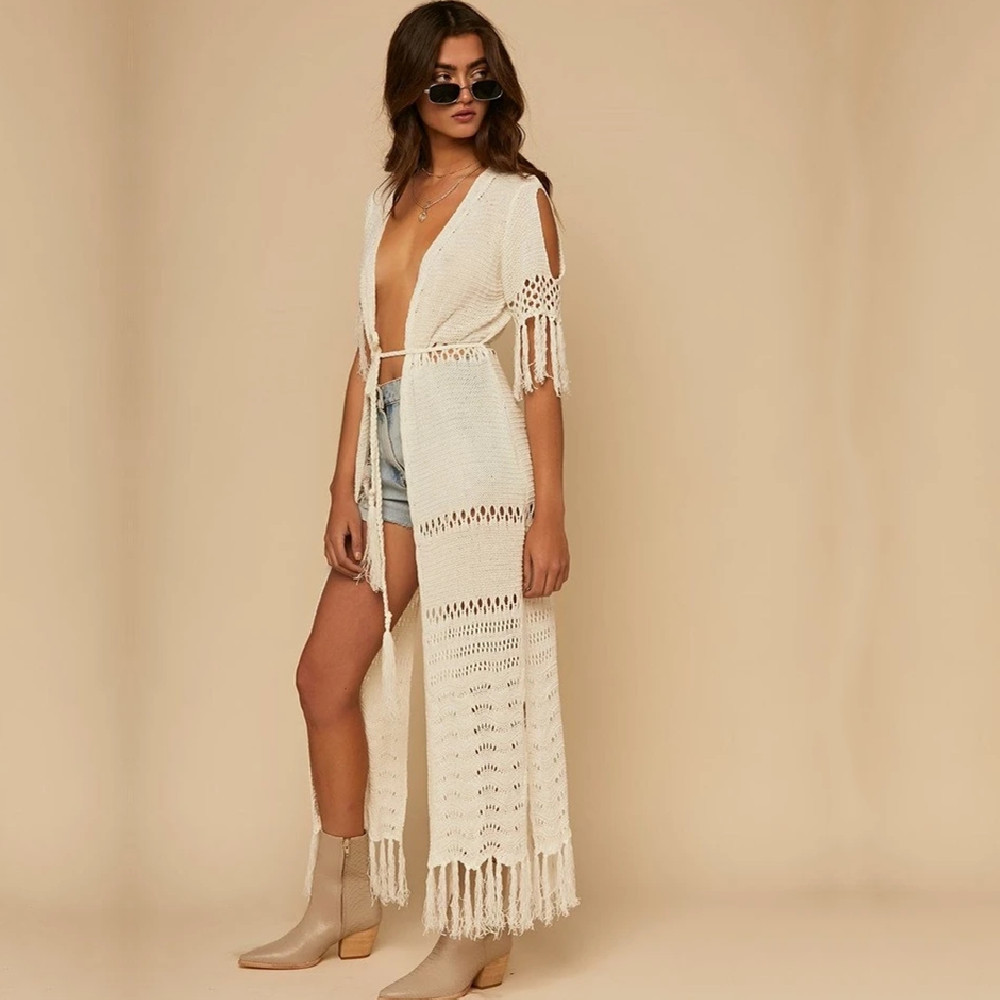 Women Crochet Beach Cover up Knit Long Kaftan Tunics for Swimsuit cover Robe Plage Tassel Bathing suit #Q451 210420