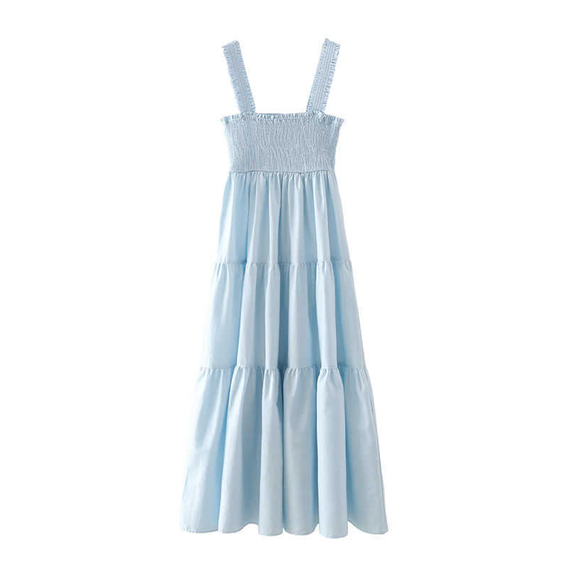 ZA Blue Pleated Summer Dresses Women Sleeveless Wide Straps Smocked Elastic Midi Party Dress Female Chic Backless Vestidos 210602