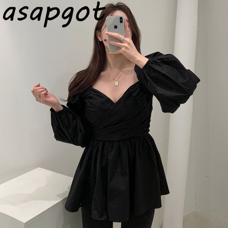 Dresses Chic Korean Spring Deep V Neck Cross Slim Puff Long Sleeve White Pleated Dress Women Mini Vestido De Mujer Retro 210429