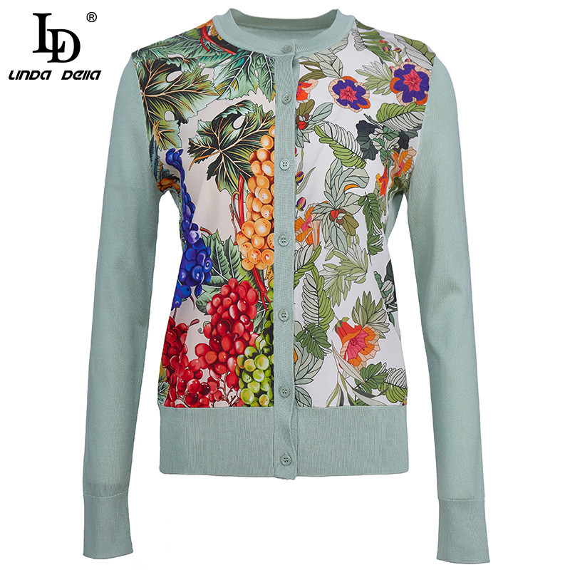 Fashion Designer Spring Summer Pink Knitting Tops Women Long sleeve Floral print Cardigan Silk Sweaters 210522