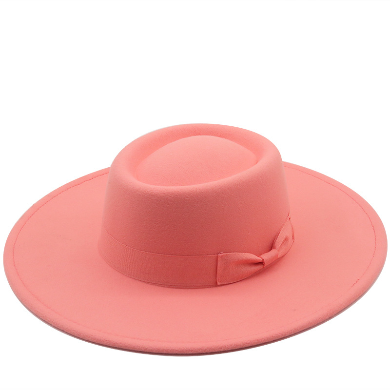 95 Cm Wide Brim Plain Black Flat Top Hat Boater Women Wool Fedora Felt Hats with Bowknot Vintage Church Wedding Panama Cap261m6463