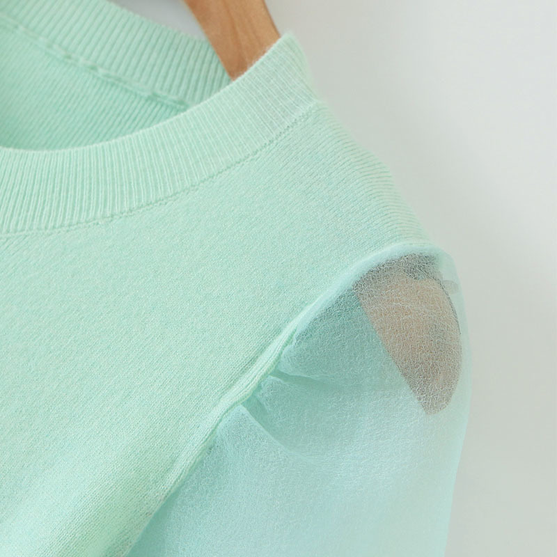 Harajuku Round Neck Pullover Green Mesh Gauze Lantern Sleeve Chic Women's Sweater Sweet Knitting Female Sweater 210507