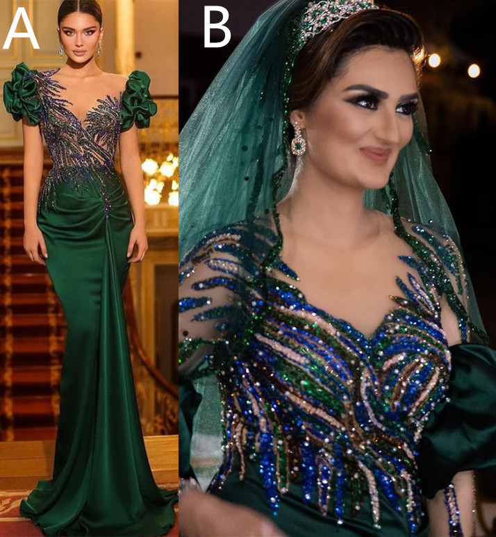 Plus Size Arabic Aso Ebi Dark Green Mermaid Prom Dresses Sheer Neck Beaded Sequins Evening Formal Party Second Reception Birthday Gowns Dress ZJ Lz030