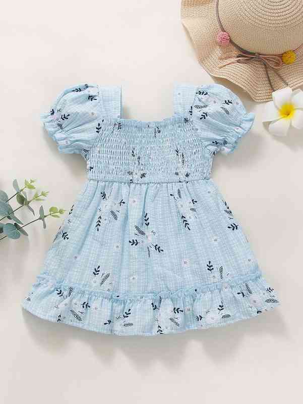Baby Floral Print Textured Shirred Puff Sleeve Ruffle Hem Dress SHE