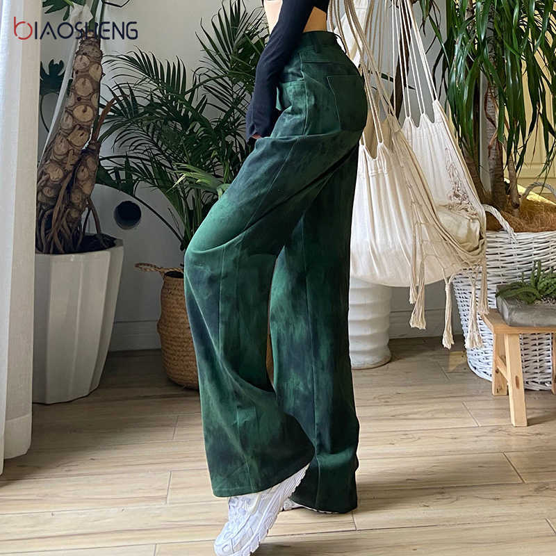Green Jeans Women High Waist Mom Flared Fashion Loose Straight Pants Long Streetwear Y2k Denim Trousers 210922