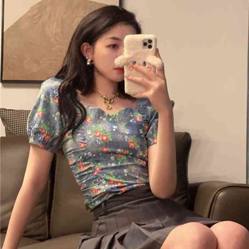 Blouse Women Floral Denim Shirts Square Neck Puff Short Sleeve Fashion Clothing Crop Tops Summer Sexy Casual Blusa Mujer Retro 210429
