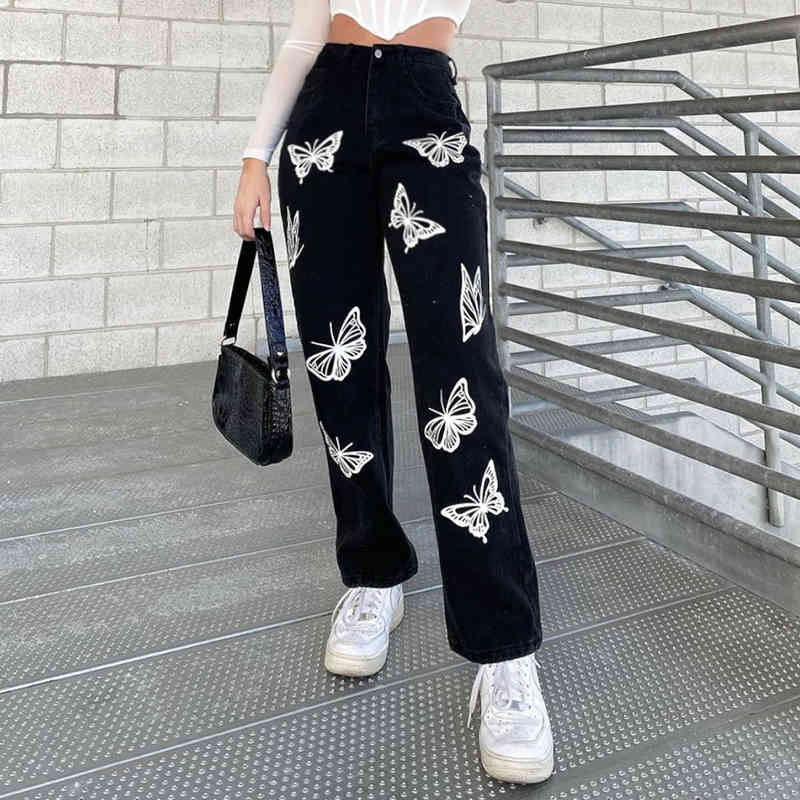 Women's Jeans Streetwear High Waist butterfly prited Vintage Straight Harajuku Denim Pants straight trousers 210524