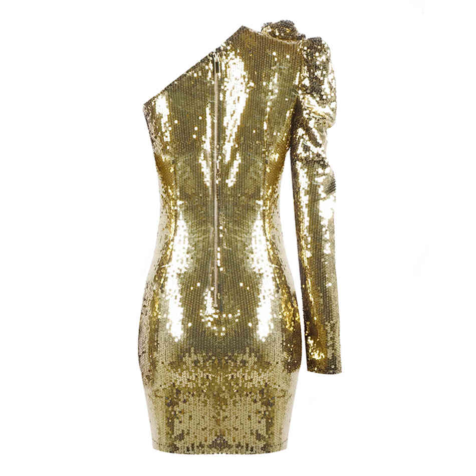 Free Women Sequin Sexy Dress One Shoulder Puff Sleeve Hollow Backless Bodycon Yellow Sparkle Party 210524