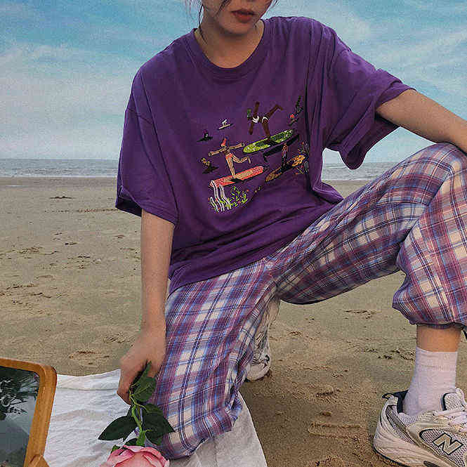 Jogger Pants Women Fashion purple Plaid Loose High Waist Female Trousers Track hip hop Harem pants Pockets Summer Streetwear 211115