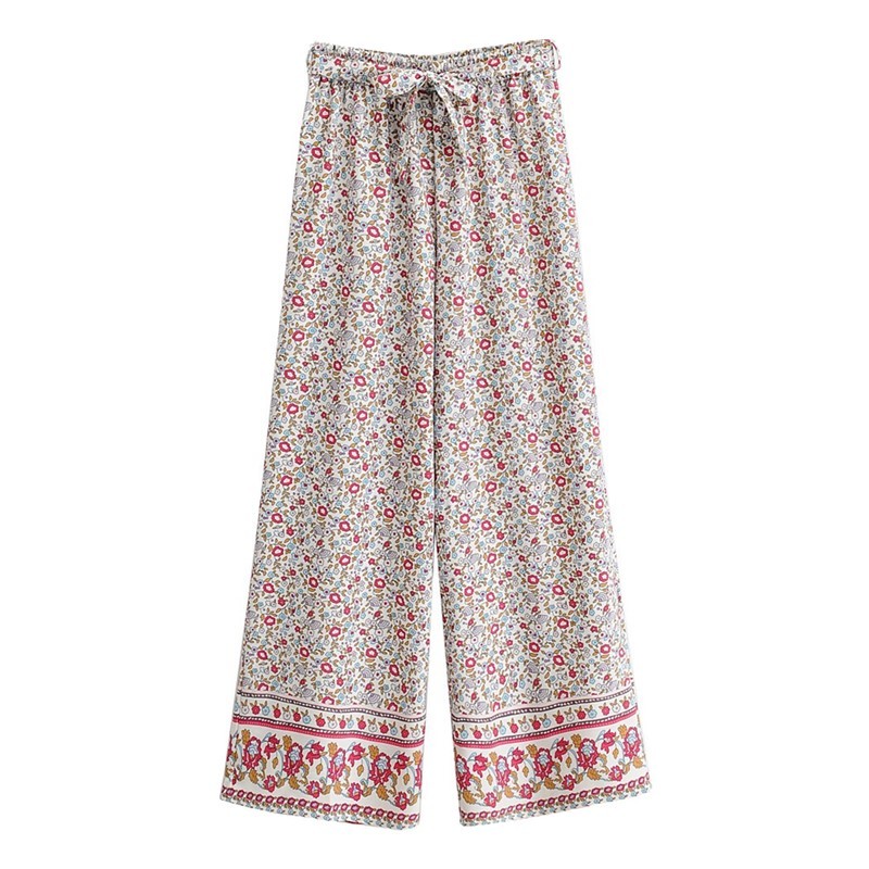 Holiday Elastic Hem Floral Print Bra Tank Top Crop Sexy Women Tie Bow Sashes Wide Leg Pants Ruched Camis 2 Pieces Set 210429