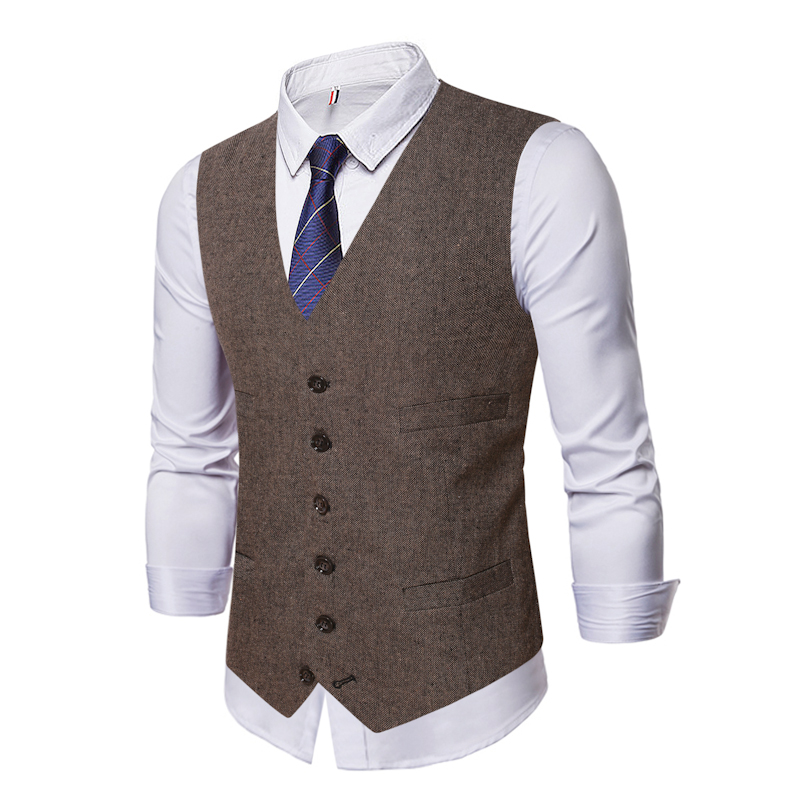 Brown Wool Groom Vests For 2021 Farm Wedding Party Attire Groomsmen Team Vest Slim Fit Men's Suit Prom Garden Waistcoat Dress